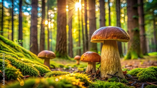 Mushrooms growing in a lush forest, featuring the Boletus edulis species, mushrooms, forest, Boletus edulis, fungi, nature