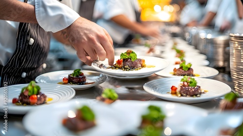 Professional chef plating a gourmet dish in a high