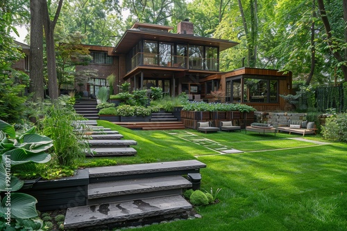 Elegant and modern backyard garden with lush green grass, seating areas, stone steps to wooden fence, surrounded by trees and plants, brick or wood-colored house, another home visible through woods,