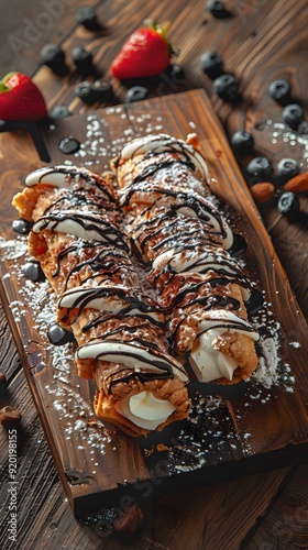 Delicious dessert cannoli drizzled with chocolate and topped with berries.