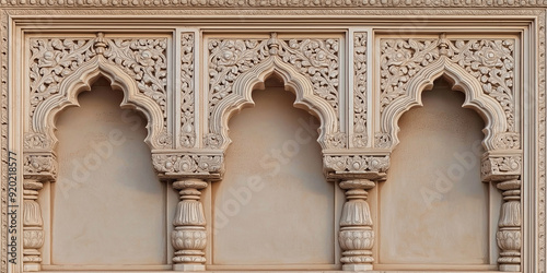 Architectural detail showing floral stone carving decorating arches and columns