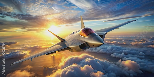 Modern and sleek future fighter jet flying in the sky, advanced, aircraft, military, technology, defense, speed