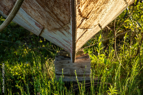 Hull of a dry docked antique vessel. 