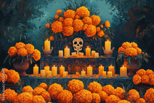 Vivid illustration of a Day of the Dead altar (ofrenda) with marigolds and candles.