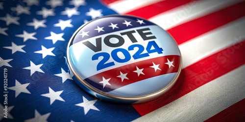  A close-up of a "Vote 2024" button placed on an American flag. The image symbolizes the upcoming election, civic duty, patriotism, and democratic participation in the USA