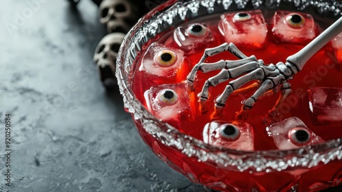 A spooky Halloween punch bowl filled with bright red punch, floating ice cubes and a ladle with a skeleton handle