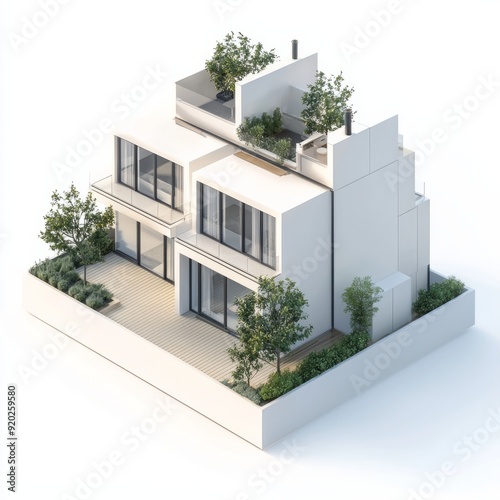 3D Render of a modern duplex with a shared wall and separate entrances. Miniature, on isolated white background