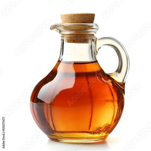 Artisanal amber maple syrup in a glass bottle against a pure white background