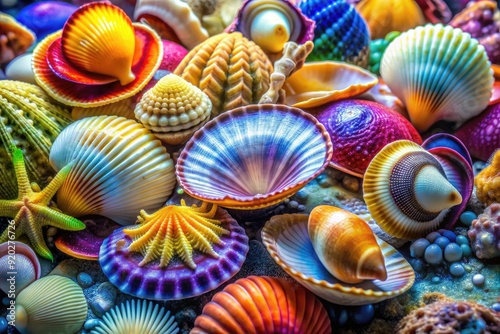 Colorful assortment of marine mollusks, including squishy sea slugs, oval-shaped clams, and delicate, pearly scallops, showcasing their soft, boneless bodies in vibrant underwater scene.