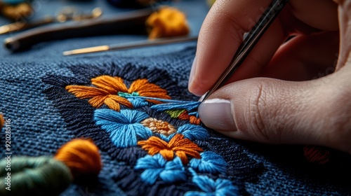 Hand Embroidering Floral Design on Fabric Close-up of a hand embroidering a vibrant floral design on fabric, showcasing detailed craftsmanship and artistic skill