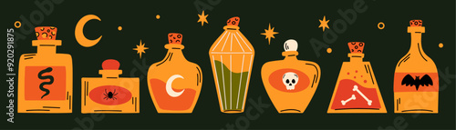 Halloween concept spooky vector illustration set, cartoon potion glass corked bottle stickers, magical elements collection, autumn holiday party decoration, spooky witchy apothecary jars, poison flask