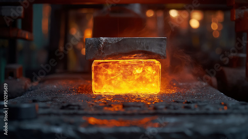 Glowing molten metal being forged in a heavy industrial machine, with steam and intense heat, highlighting the power and process of metalworking.