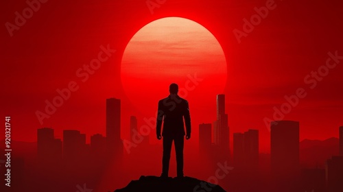 In a dystopian wasteland, a leather-clad vigilante surveys a broken city, his silhouette illuminated by a blood-red sunset, embodying resilience and rebellion