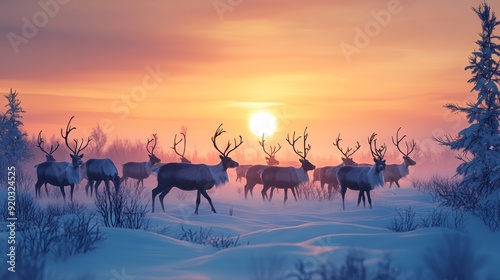 A herd of reindeer are walking through a snowy field