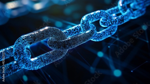 A close up of a blue digital chain link with a dark background.