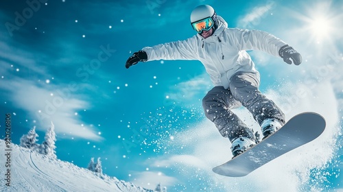 A snowboarder is in mid air, performing a trick on a snow-covered slope