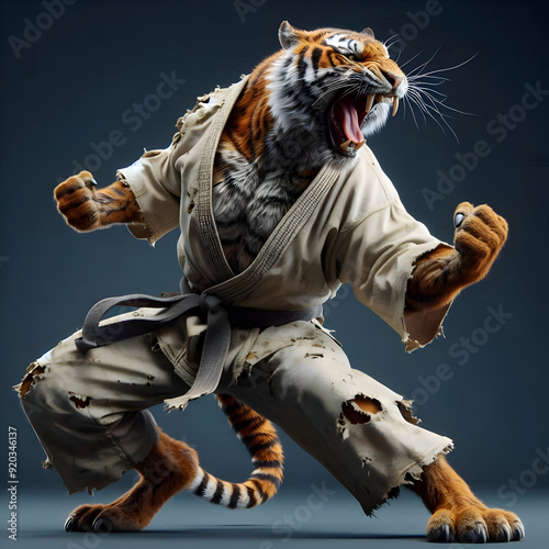 A tiger, dressed in a karate gi, is mid-sprint, roaring with intensity. Its powerful muscles and sharp claws are on full display, suggesting a fierce and formidable creature.