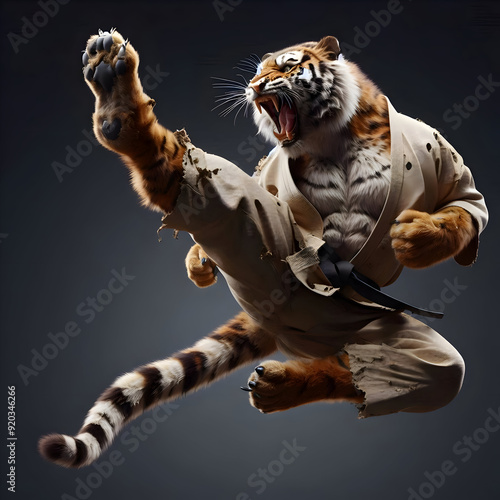 A tiger, dressed in a karate gi, is mid-sprint, roaring with intensity. Its powerful muscles and sharp claws are on full display, suggesting a fierce and formidable creature.