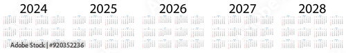 Set of calendar 2024-2028 years. Simple template