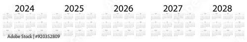 Calendar template set for 2024, 2025, 2026, 2027 and 2028 years. Week starts on Monday