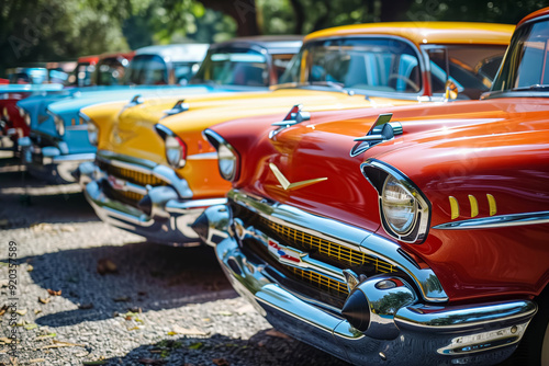 A festive display of classic cars in vibrant colors, celebrating automotive heritage outdoors, showcasing timeless beauty under the sunny skies