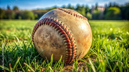 A rustic, worn, and weathered baseball with raised seams and faded leather lies on a green grassy field, awaiting the next player's perfect pitched throw.