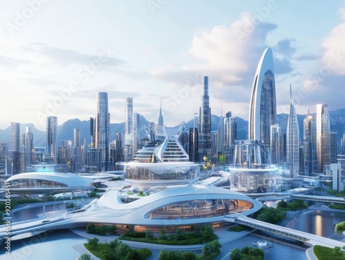 A futuristic city where cancer has been eradicated due to widespread innovation symbolizes universal remission.