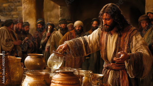 Jesus performing the miracle of turning water into wine