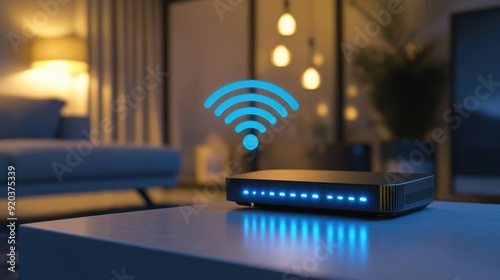 High-Tech Wireless Router with Blue LEDs and Wi-Fi Symbol in a Modern Living Room Setting