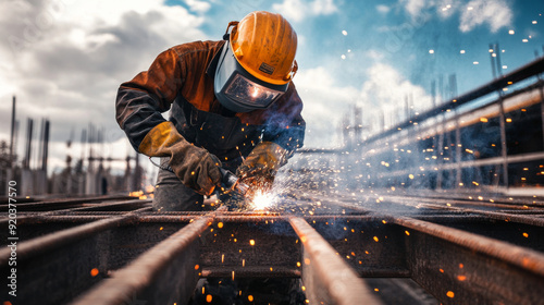 Welder working on a metal bridge construction