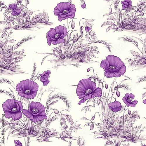 Motif répétitif (seamless pattern) floral avec fleurs de pavots, inspiration champêtre et cottagecore, pour impression textile ou papier, créations graphiques, motif de Jouy antique violet et blanc