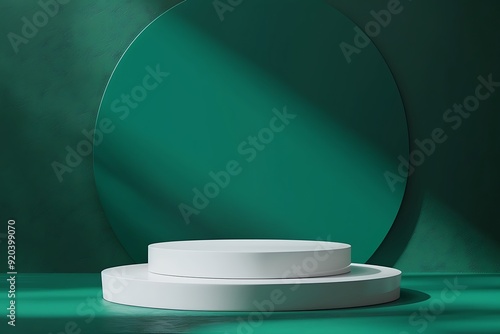 Stylish white podium on a bold emerald background, matte texture, even light distribution, modern and chic.