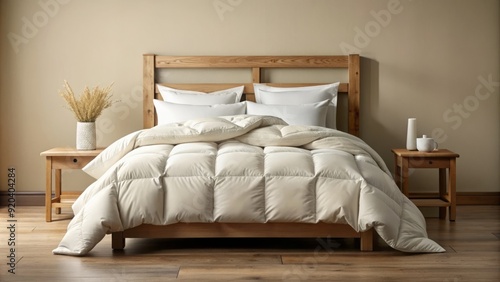 Soft, fluffy white down comforter with a subtle sheen, neatly draped over a rustic wooden bed frame, against a serene, creamy beige background.