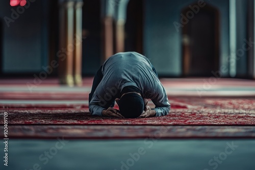 A Muslim Man Kneeling in Prayer in a Mosque