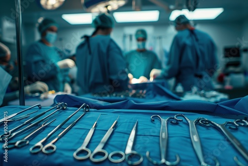 View of surgical instruments laid out on a blue table in the operating room