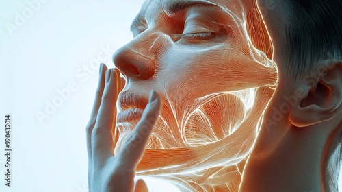 240805 103. Close-up of person touching painful face in modern office setting. Inflamed facial nerve affecting muscles due to bell's palsy and excessive workplace pressure. Anatomical visualization