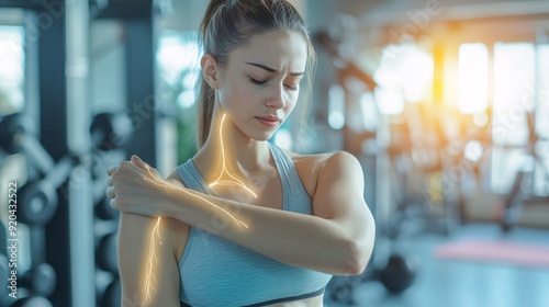 240805 128. a woman having armpit pain at gym. axillary nerve due to thoracic outlet syndrome and overhead exercises longtime. Health and medical concept isolated on white background,png with woman