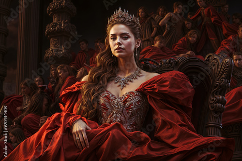 Regal queen in opulent red gown and crown, seated on ornate throne amidst crowd of courtiers in dimly lit, luxurious palace setting