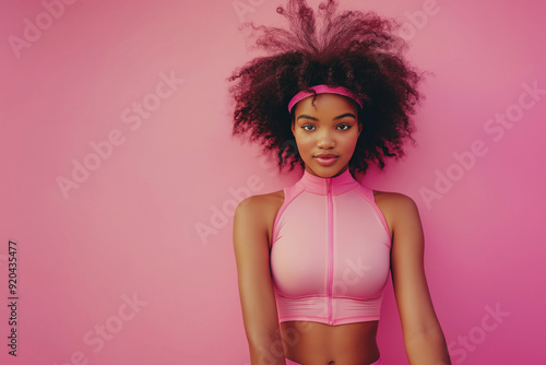 Beautiful woman in pink spandex legging sport suit isolated on pink background.