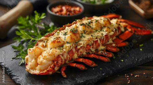 Exquisite Lobster Thermidor Dish Artfully Presented on an Elegant Black Stone Plate