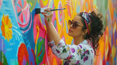 Female painter creating vibrant outdoor mural during daytime.