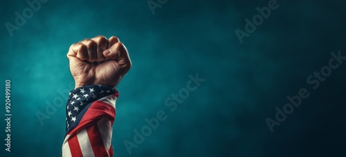 An American flag wrapped around the raised fist. It symbolizes unity, strength, and civic engagement.