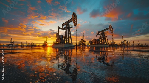 Oil pumps operating at sunset in a vast industrial landscape