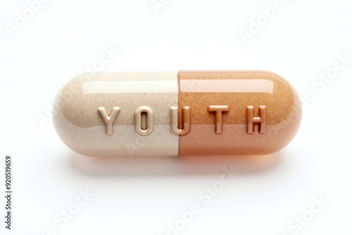 Capsule pill labeled 'YOUTH', a drug you can swallow to stay young and vigor, turn back time, increase lifespan, live forever. Concept on anti aging, cure for growing old, medicine for eternal life.