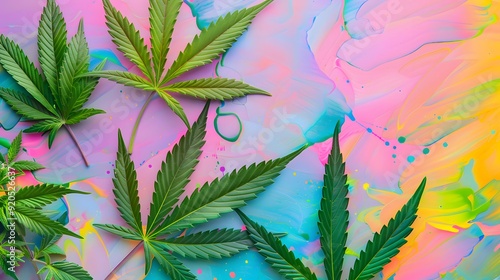 Marijuana leaves on a colorful background, close up top view on cannabis leaves and branches on colorful background for alternative medical and marketing design concept