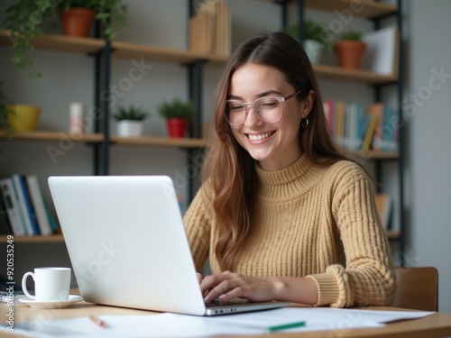 Attractive Student Woman Reading and Correcting Essay at Desk with Laptop, Preparing for Session and Diploma Work