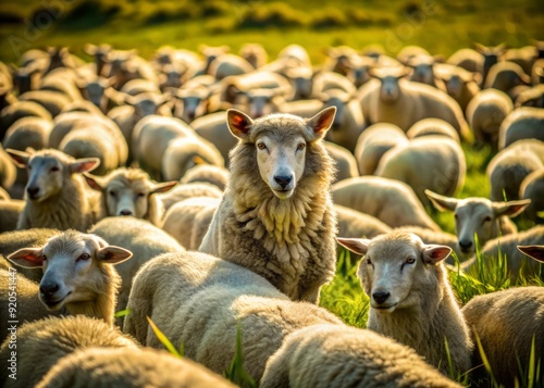 A sly wolf dressed in a sheepskin disguise lies hidden among a flock of unsuspecting sheep in a sun-drenched green meadow.