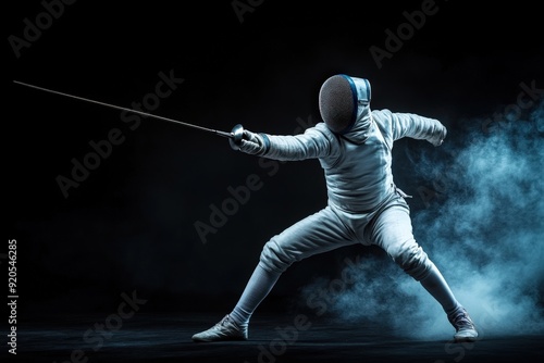 A fencer dressed in full gear, including a mask and a reflective suit, strikes an aggressive pose with their sword against a smoky, dark background. Perfect for fencing enthusiasts.