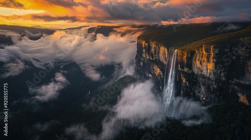 Waterfall clouds descending into a misty valley at dawn, with the early morning light creating a mystical atmosphere.