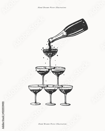 Tower made of glasses with champagne. Illustration of champagne being poured from a bottle into a tower of glasses.